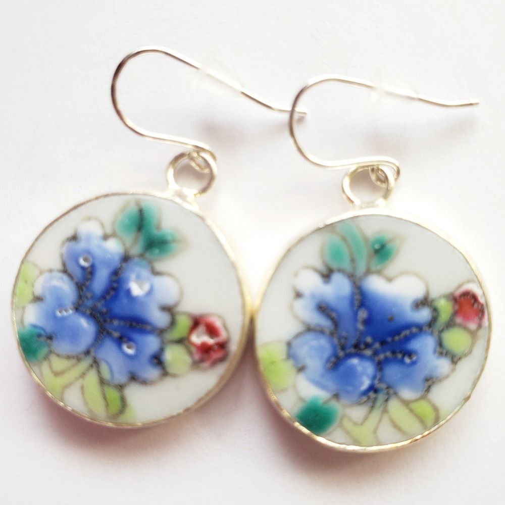 Hand Painted‎ Porcelain Pottery Shard Earrings Blue Floral Drops Sterling Silver